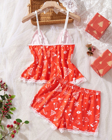 Conjunto de lencería sexy de encaje con estampado de Halloween, tirantes y shorts