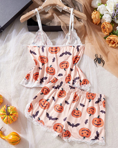 Conjunto de lencería sexy de encaje con estampado de Halloween, tirantes y shorts