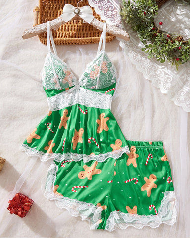 Conjunto de lencería sexy de encaje con estampado de Halloween, tirantes y shorts