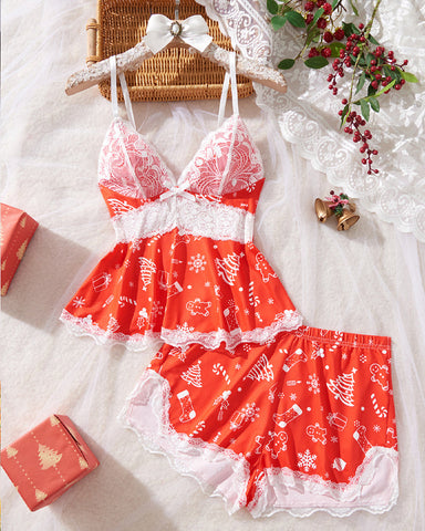 Conjunto de lencería sexy de encaje con estampado de Halloween, tirantes y shorts