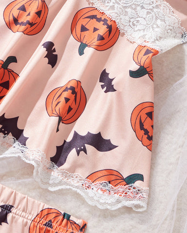 Conjunto de lencería sexy de encaje con estampado de Halloween, tirantes y shorts