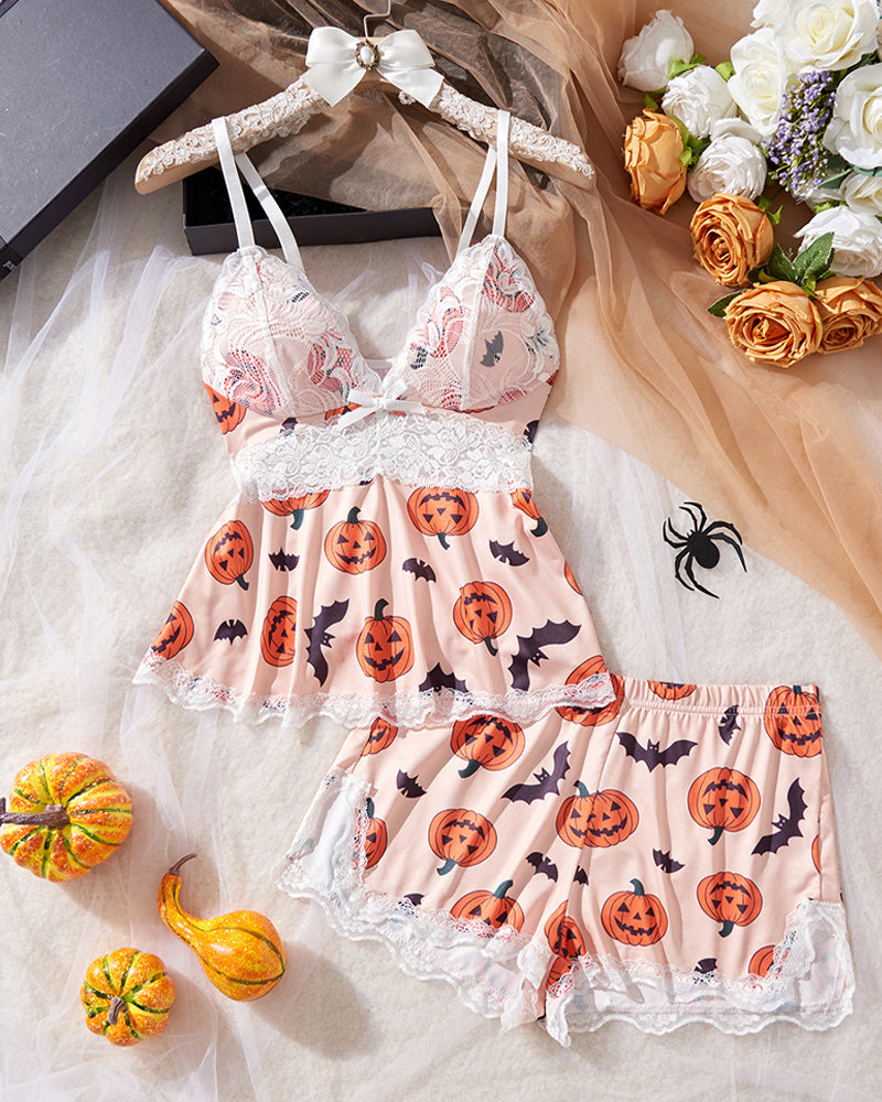 Conjunto de lencería sexy de encaje con estampado de Halloween, tirantes y shorts