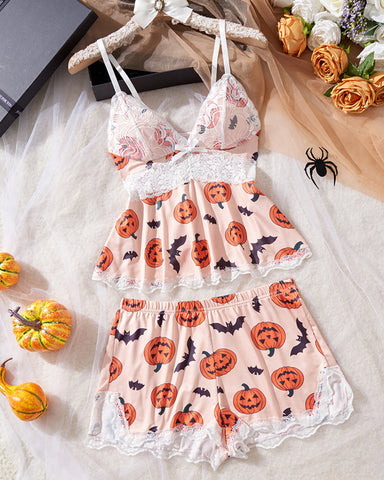 Conjunto de lencería sexy de encaje con estampado de Halloween, tirantes y shorts