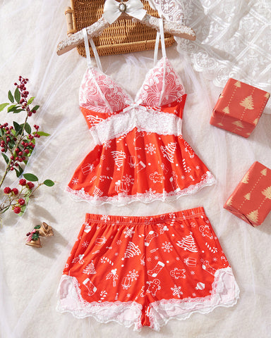 Conjunto de lencería sexy de encaje con estampado de Halloween, tirantes y shorts
