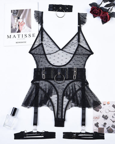 Body de malla de lunares sexy con cuello halter y aros en la cintura y las piernas