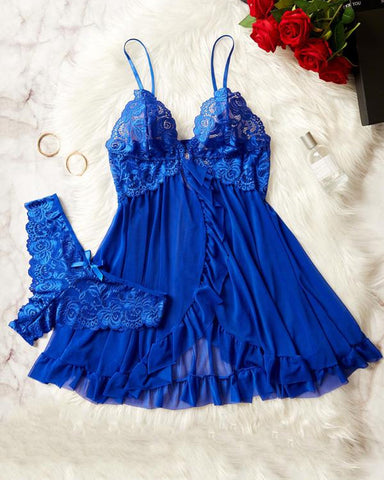 Conjunto de camisón y bragas sexy de encaje con volantes para mujer
