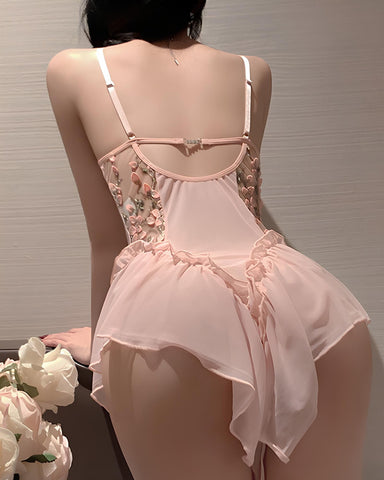 Vestido lencero sexy de malla transparente con bordado floral