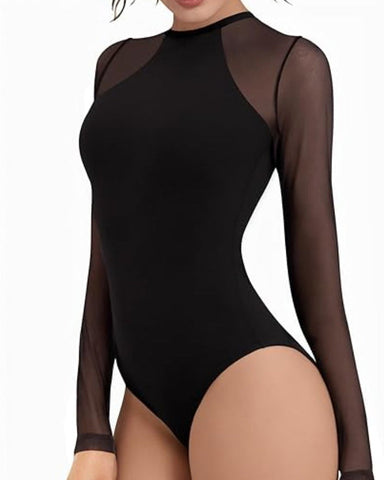 Body adelgazante de malla transparente de manga larga