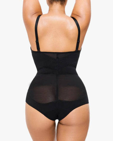 Body tipo tanga con control de abdomen y malla transparente con escote en V profundo