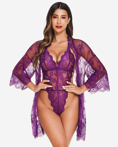 Conjunto de 2 piezas: bata de encaje con body