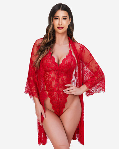 Conjunto de 2 piezas: bata de encaje con body