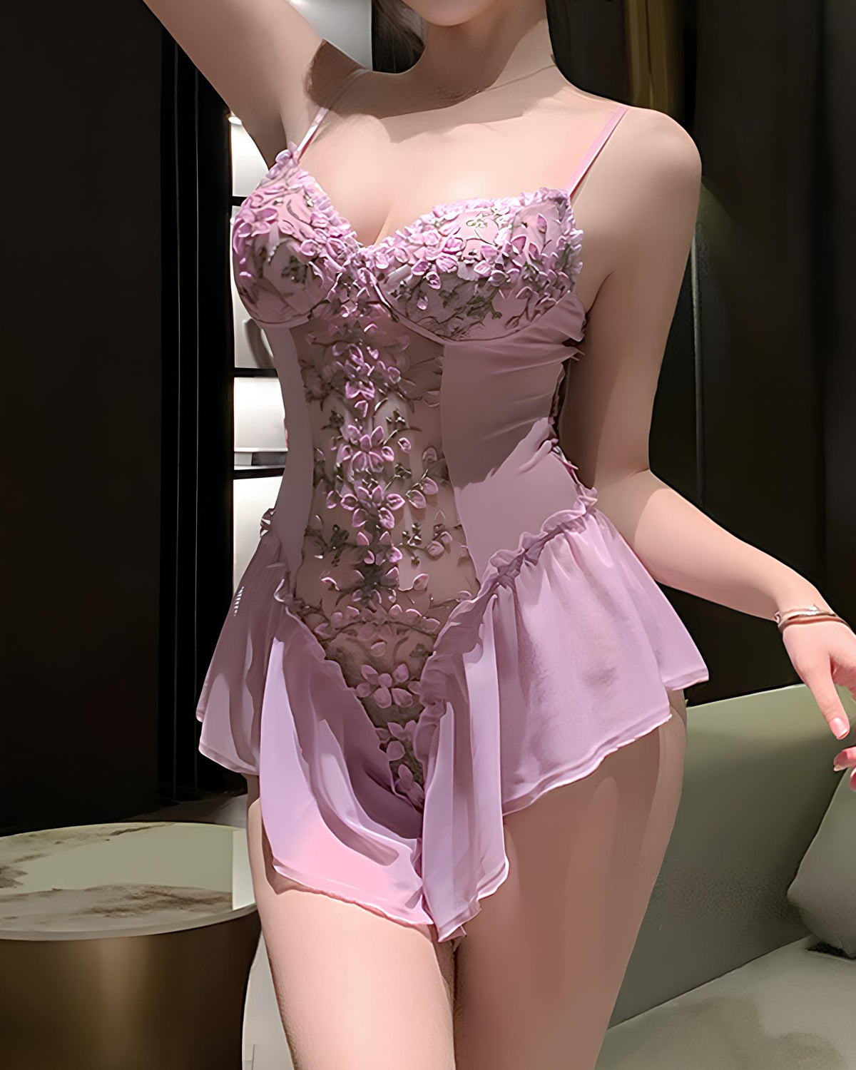 Vestido lencero sexy de malla transparente con bordado floral