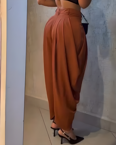 Pantalones casuales irregulares con fruncido suelto de cintura alta