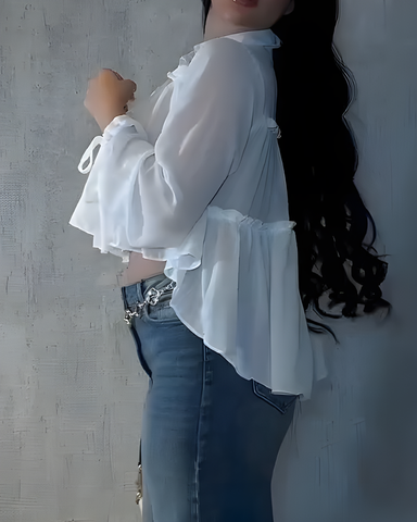 Camisa de manga larga con volantes de gasa para mujer