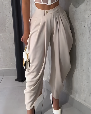 Pantalones casuales irregulares con fruncido suelto de cintura alta