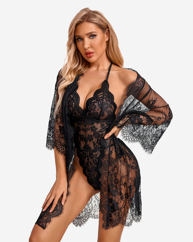 Conjunto de 2 piezas: bata de encaje con body