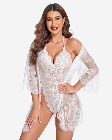 Conjunto de 2 piezas: bata de encaje con body