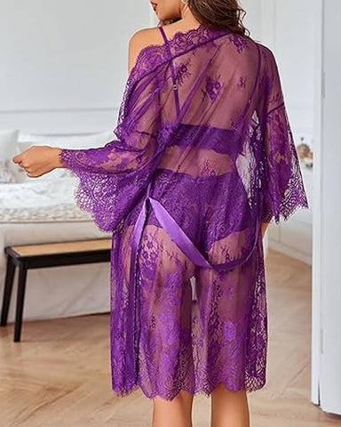 Conjunto de 3 piezas de sujetador, bragas de encaje y camisón de malla para mujer