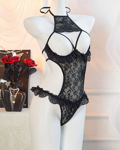 Body sexy de encaje floral con cuello halter y escote transparente con abertura en el busto
