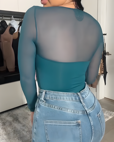 Body de tanga de manga larga de malla transparente con control de abdomen y cuello en V