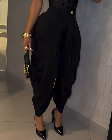 Pantalones casuales irregulares con fruncido suelto de cintura alta