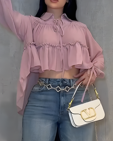 Camisa de manga larga con volantes de gasa para mujer