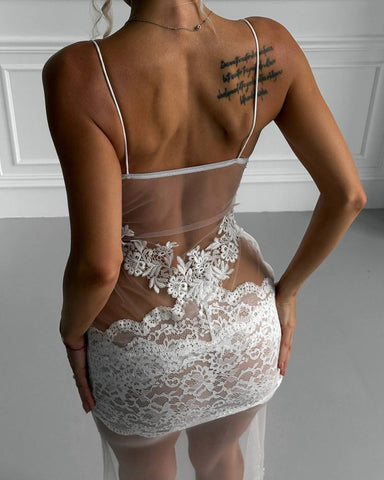 Vestido lencero sexy transparente de malla con bordado floral de encaje