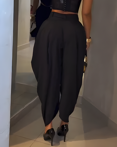 Pantalones casuales irregulares con fruncido suelto de cintura alta