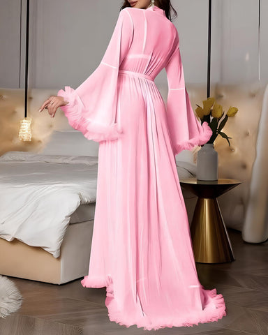 Bata larga sexy de malla transparente con volantes y mangas acampanadas