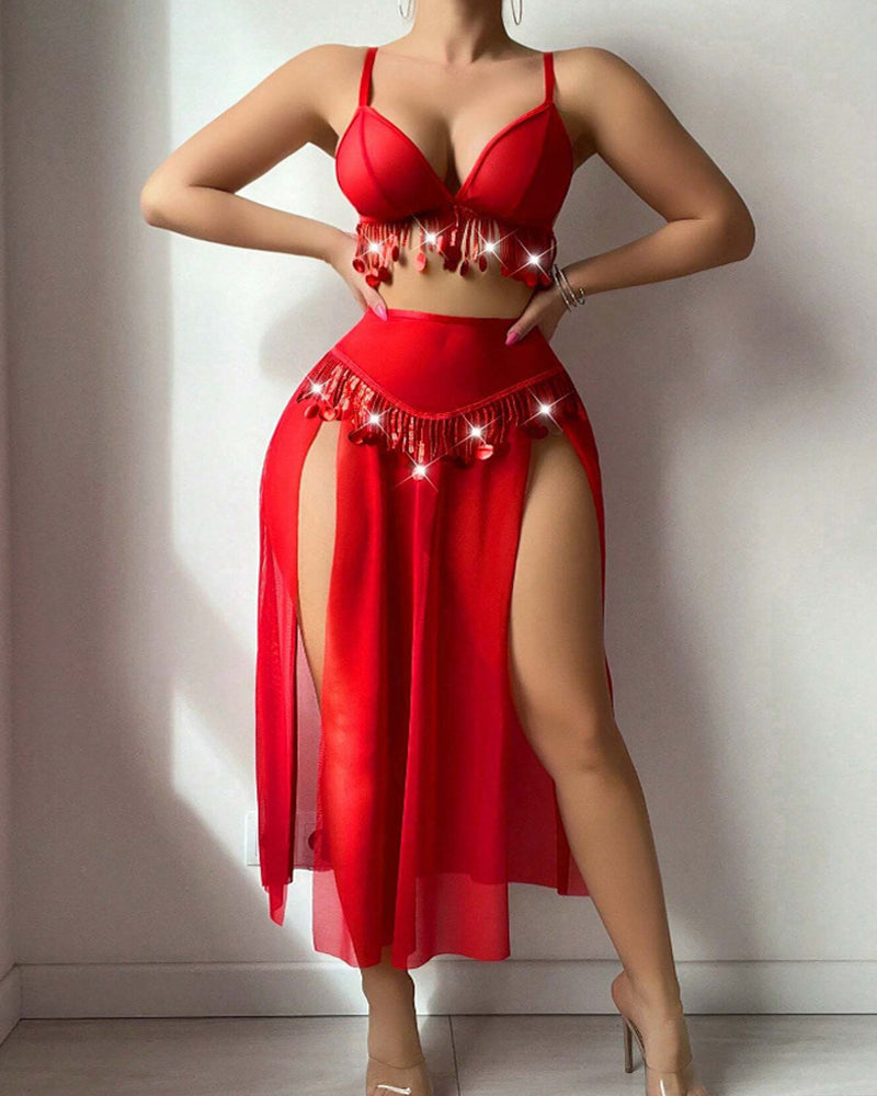 Conjunto de pijama sexy con top y pantalón de camisola de encaje transparente con lunares y malla