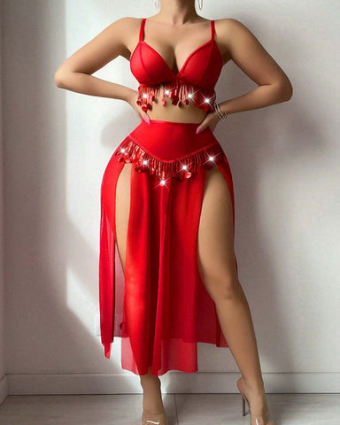 Conjunto de pijama sexy con top y pantalón de camisola de encaje transparente con lunares y malla