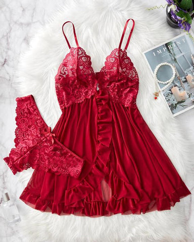 Conjunto de camisón y bragas sexy de encaje con volantes para mujer