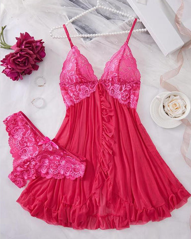 Conjunto de camisón y bragas sexy de encaje con volantes para mujer