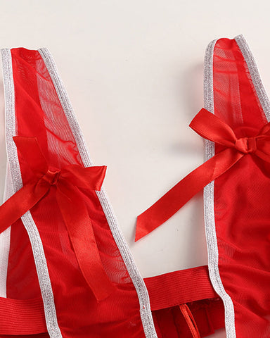 Conjunto de lencería sexy de Navidad con body decorado con campanas y escote en V profundo y diadema de gorro de Papá Noel