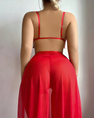 Conjunto de pijama sexy con top y pantalón de camisola de encaje transparente con lunares y malla