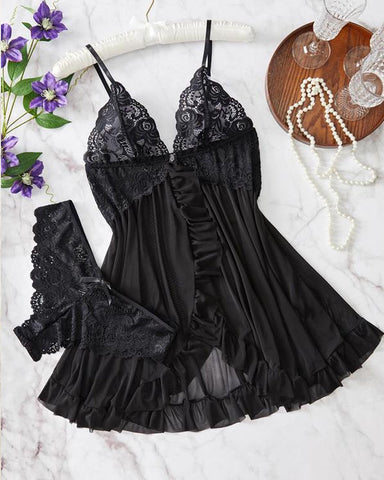 Conjunto de camisón y bragas sexy de encaje con volantes para mujer
