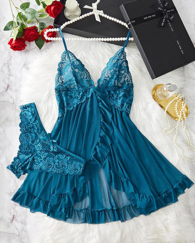 Conjunto de camisón y bragas sexy de encaje con volantes para mujer
