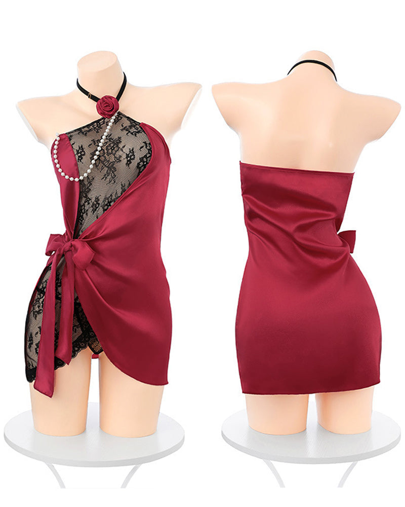 Conjunto de camisón de lencería sexy con cuello halter de encaje y malla transparente