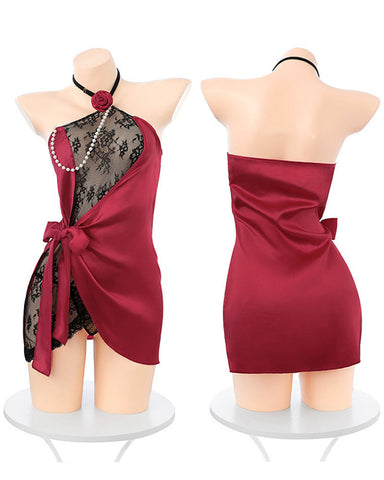 Conjunto de camisón de lencería sexy con cuello halter de encaje y malla transparente