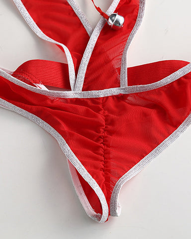 Conjunto de lencería sexy de Navidad con body decorado con campanas y escote en V profundo y diadema de gorro de Papá Noel