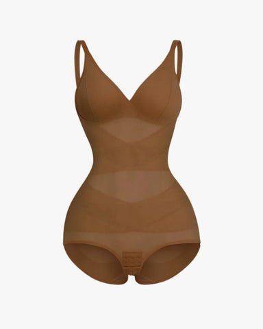 Body tipo tanga con control de abdomen y malla transparente con escote en V profundo