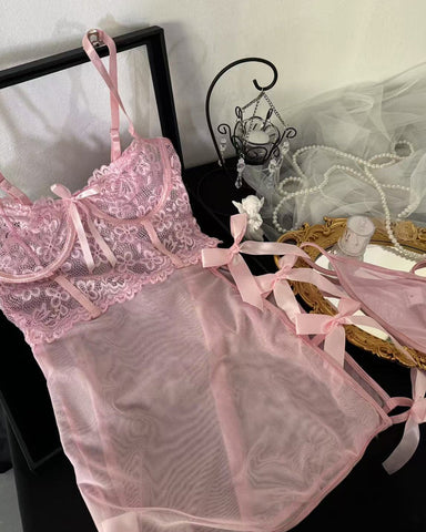 Conjunto de camisón ajustado sexy de malla transparente con detalles de encaje y lazo