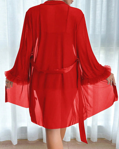 Conjunto de camisón y bata camisola de encaje con malla transparente