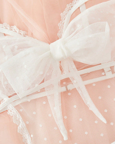 Pijama de una pieza sexy de encaje floral con lazo, entrepierna abierta y malla de lunares