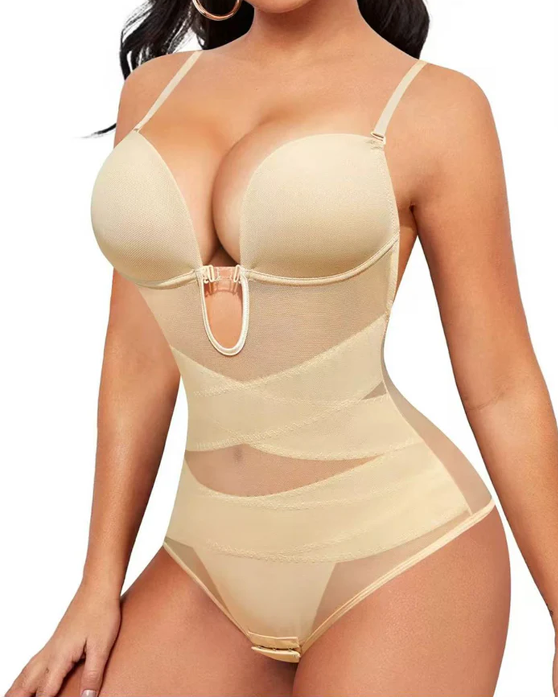 Faja moldeadora transparente con aberturas cruzadas para mujer, tirantes ajustables, mallas de contraste, alta elasticidad, ideal para uso diario.