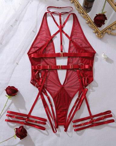 Body sexy con tirantes metálicos, espalda descubierta y malla transparente
