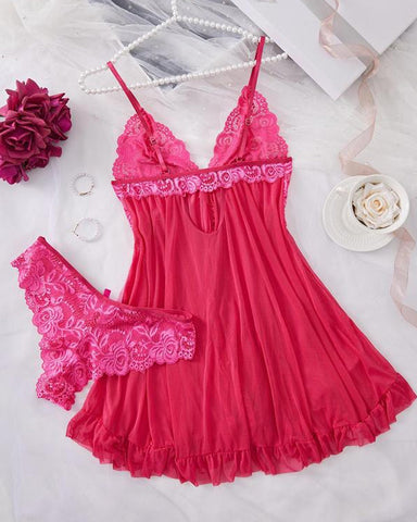 Conjunto de camisón y bragas sexy de encaje con volantes para mujer