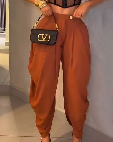 Pantalones casuales irregulares con fruncido suelto de cintura alta