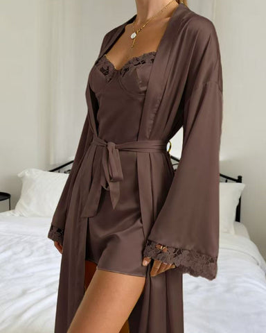 Conjunto de camisón y bata de manga larga de seda con encaje y camisola para estar en casa, cómodo y sexy