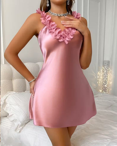 Camisón de seda helada con cuello en V y color liso para estar cómoda en casa